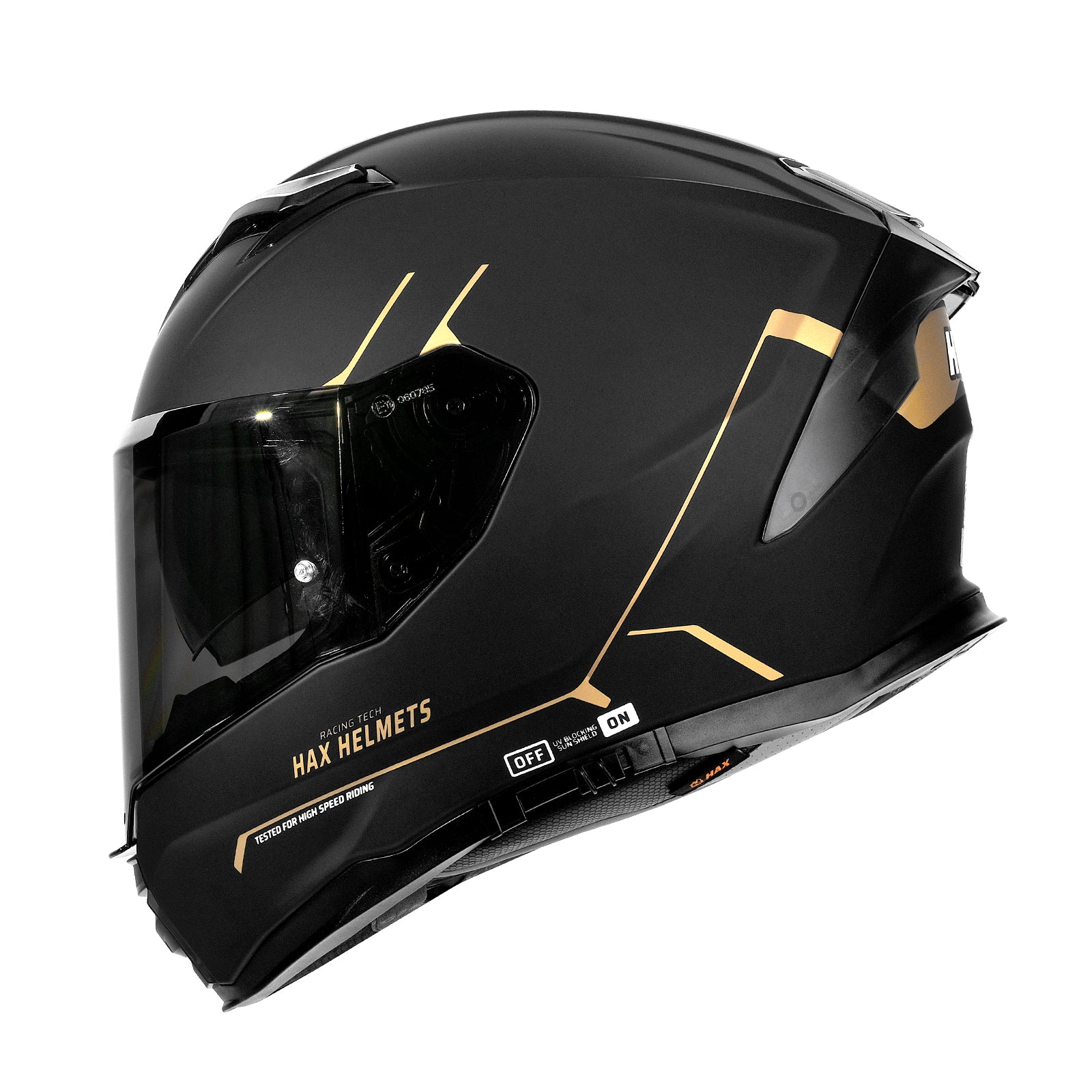 Black and store gold motocross helmet